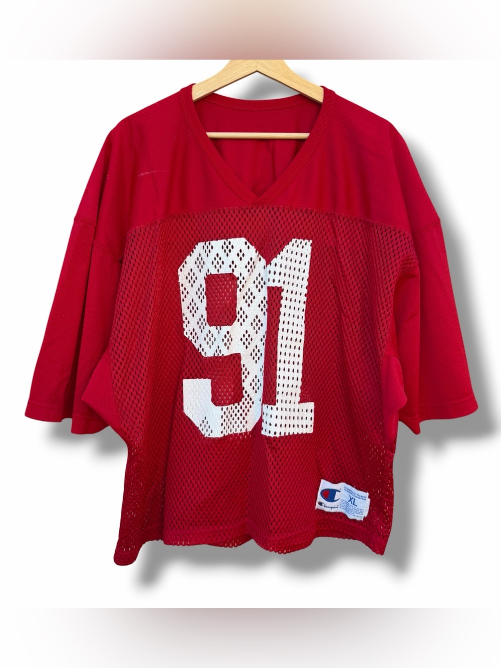 Vintage Champion #91 Mesh Football Practice Jersey Red Size XL USA 80s 90s